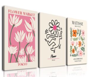 matisse wall art set of 3, abstract matisse wall art exhibition posters, pink beige flower market posters, minimalist framed flower market wall art, canvas matisse prints painting for aesthetic room, bedroom, living room wall decor（12x16inch)