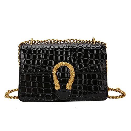 Qiayime Quilted Crossbody Shoulder Bag for Women Fashion Denim Leather Handbag Chain Messenger Satchel Purse Evening Bag (Crocodile black)