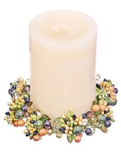 6 inch crystal and pearlized berry candle ring, holds 3.75 inch pillar candle – green, blue, yellow and blush