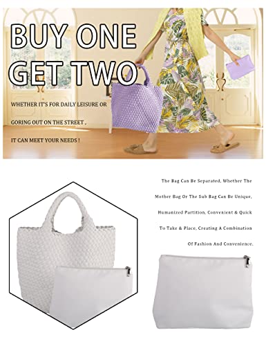 Woven Tote Handbags + Purse For Women Large Vegan Leather Shoulder Top-Handle Travel Bag Ladies Fashion Underarm Shopper Bags White