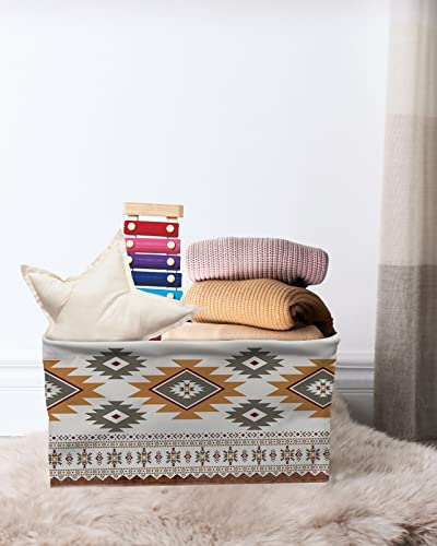 Southwest Geometry Cube Storage Organizer Bins with Handles,15x11x9.5 Inch Collapsible Canvas Cloth Fabric Storage Basket,Rustic Boho Native American Tribal Books Kids' Toys Bin Boxes for Shelves