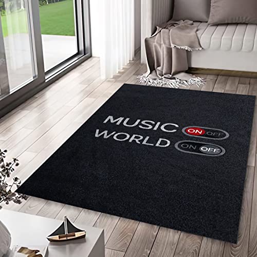 Music On World Off Black Music Rug - Music Rug for Kids Musical Area Rugs Music Area Rug Non-Slip Rug for Living Room Bedroom Office Studio Kids Room Nursery Area Rug Indoor Outdoor