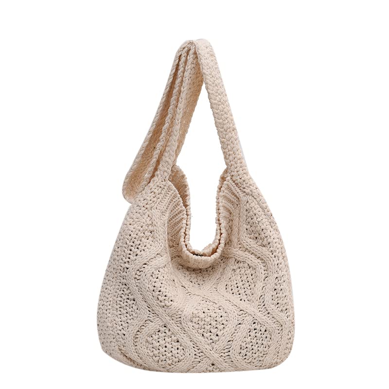 Women's Crochet Tote Bag Knitted Shoulder Crossbody Handbags Aesthetic Shopping Bag Cute Purses Crocheted Hobo Bag(White)