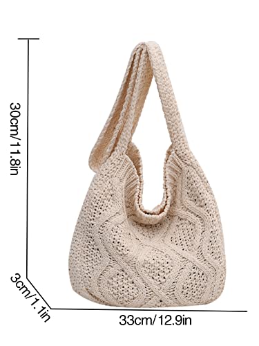 Women's Crochet Tote Bag Knitted Shoulder Crossbody Handbags Aesthetic Shopping Bag Cute Purses Crocheted Hobo Bag(White)