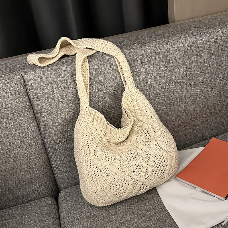 Women's Crochet Tote Bag Knitted Shoulder Crossbody Handbags Aesthetic Shopping Bag Cute Purses Crocheted Hobo Bag(White)