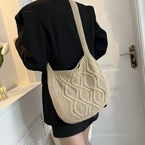 Women's Crochet Tote Bag Knitted Shoulder Crossbody Handbags Aesthetic Shopping Bag Cute Purses Crocheted Hobo Bag(White)