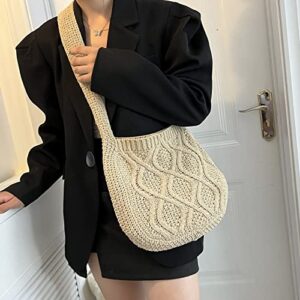 Women's Crochet Tote Bag Knitted Shoulder Crossbody Handbags Aesthetic Shopping Bag Cute Purses Crocheted Hobo Bag(White)