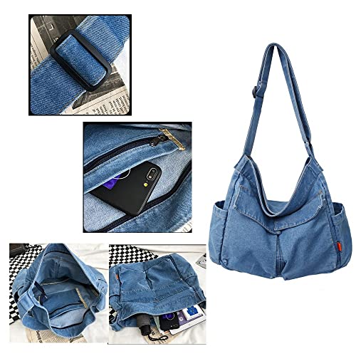 Denim Shoulder Bag Travel Tote for Women Hobo Tote Bag Casual Canvas Bag Retro Crossbody Bag Large Capacity Purse (Blue-A)