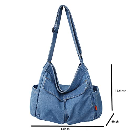 Denim Shoulder Bag Travel Tote for Women Hobo Tote Bag Casual Canvas Bag Retro Crossbody Bag Large Capacity Purse (Blue-A)