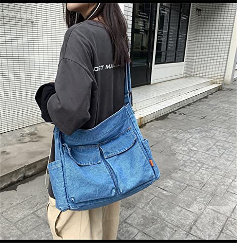 Denim Shoulder Bag Travel Tote for Women Hobo Tote Bag Casual Canvas Bag Retro Crossbody Bag Large Capacity Purse (Blue-A)