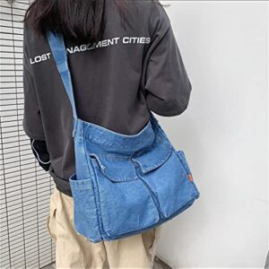 Denim Shoulder Bag Travel Tote for Women Hobo Tote Bag Casual Canvas Bag Retro Crossbody Bag Large Capacity Purse (Blue-A)