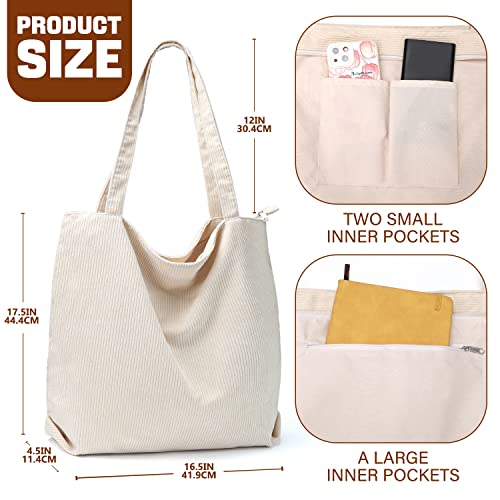 EIMMBD Corduroy Tote Bag for Women - Crossbody Bag Casual Tote Handbag Shoulder Boho Bag Large Tote Bag with Pockets for School Office Shopping Travel Work (Beige)