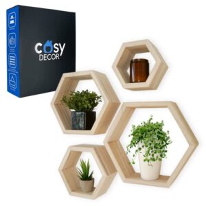 hexagon shelves natural wood floating shelves set of 4 wall shelf for bedroom, office, living room & bathroom – farmhouse wall décor – decorative wooden honeycomb shelves with alignment tool