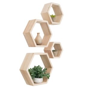 Hexagon Shelves Natural Wood Floating Shelves Set of 4 Wall Shelf for Bedroom, Office, Living Room & Bathroom – Farmhouse Wall Décor - Decorative Wooden Honeycomb Shelves with Alignment Tool