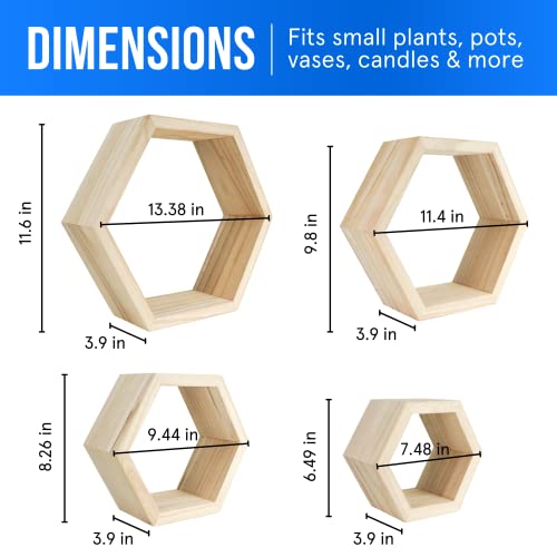 Hexagon Shelves Natural Wood Floating Shelves Set of 4 Wall Shelf for Bedroom, Office, Living Room & Bathroom – Farmhouse Wall Décor - Decorative Wooden Honeycomb Shelves with Alignment Tool