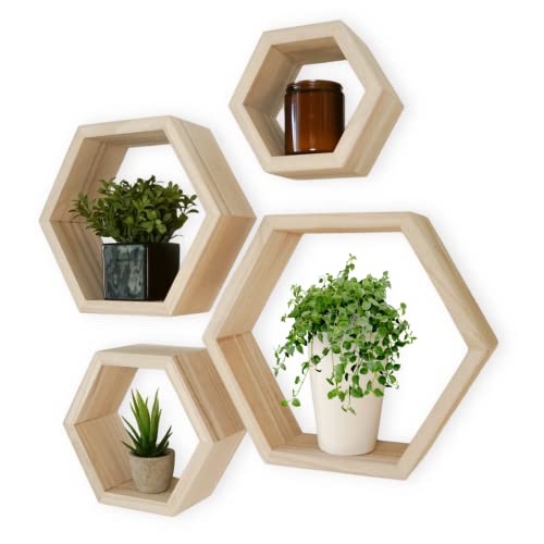 Hexagon Shelves Natural Wood Floating Shelves Set of 4 Wall Shelf for Bedroom, Office, Living Room & Bathroom – Farmhouse Wall Décor - Decorative Wooden Honeycomb Shelves with Alignment Tool