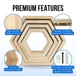 Hexagon Shelves Natural Wood Floating Shelves Set of 4 Wall Shelf for Bedroom, Office, Living Room & Bathroom – Farmhouse Wall Décor - Decorative Wooden Honeycomb Shelves with Alignment Tool