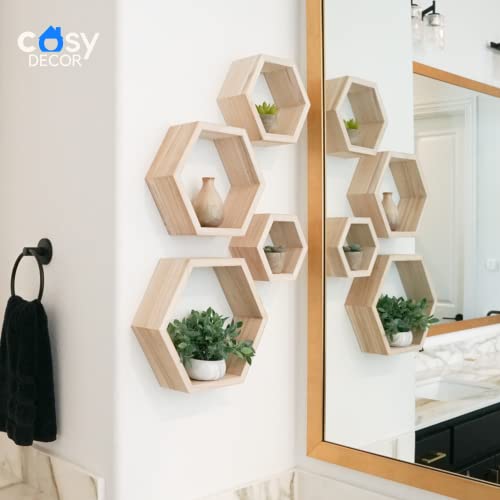 Hexagon Shelves Natural Wood Floating Shelves Set of 4 Wall Shelf for Bedroom, Office, Living Room & Bathroom – Farmhouse Wall Décor - Decorative Wooden Honeycomb Shelves with Alignment Tool