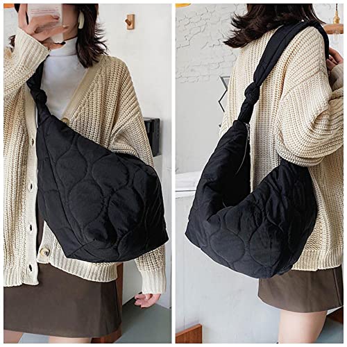 Puffer Tote Bag Quilted Handbags Puffy Crossbody Purse Large Luxury Bags for Women (Black-Cloth)