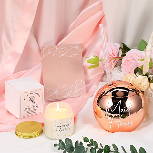 Maid of Honor Proposal Gifts Includes Maid of Honor Short Silk Robes Will You Be My Maid of Honor Bridesmaid Candle Drink Tumbler with Straw and Gift Box for Wedding Bachelorette Party(Maid of Honor)