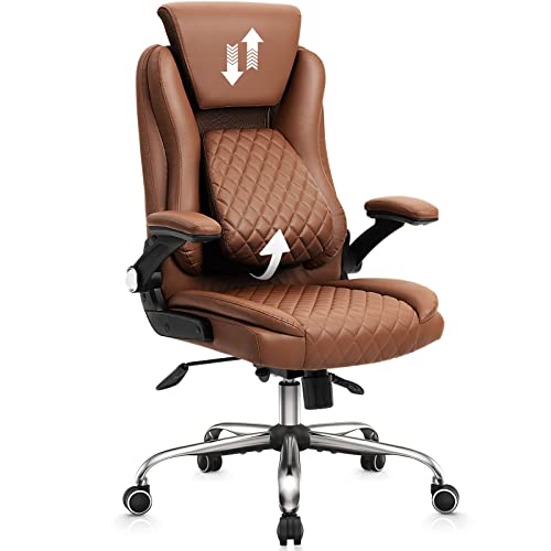 YAMASORO Ergonomic Desk Chair Executive Office Chairs Comfortable with Flip-up Armrests - Adjustable Headrest, Tilt and Lumbar Support -PU Leather Computer Chair, Red-Brown