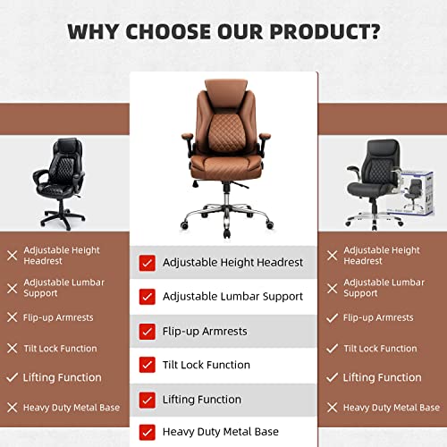 YAMASORO Ergonomic Desk Chair Executive Office Chairs Comfortable with Flip-up Armrests - Adjustable Headrest, Tilt and Lumbar Support -PU Leather Computer Chair, Red-Brown