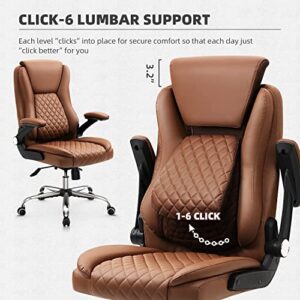 YAMASORO Ergonomic Desk Chair Executive Office Chairs Comfortable with Flip-up Armrests - Adjustable Headrest, Tilt and Lumbar Support -PU Leather Computer Chair, Red-Brown