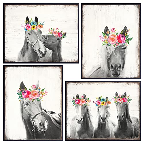 Horse Wall Art - Horses Wall Art & Decor - Barn Farmhouse Living room Home Decor - Teens Bedroom Girls Room Poster Set - Gift for Equestrian Woman - Country Western Shabby chic Boho-chic decoration