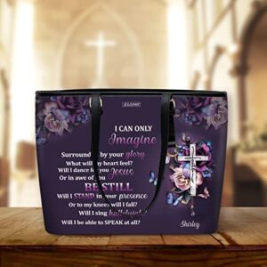 Jesuspirit Inspirational Christian Scripture Faith Woman Gifts - Personalized Religious Gift For Church Ladies - I Can Only Imagine Customized Spiritual Large Leather Tote Bag With Zipper For Women