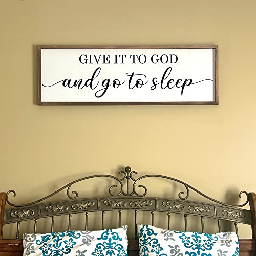 Framed Give it to God and Go to Sleep Signs 36”x12” Above Bed Wall Decors Wall Art for Bedroom Wood Signs (36X12 inch, Brown)