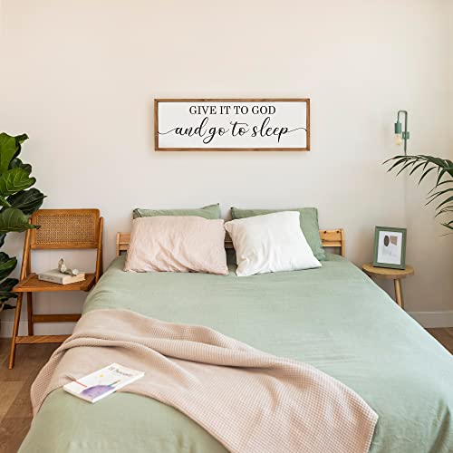 Framed Give it to God and Go to Sleep Signs 36”x12” Above Bed Wall Decors Wall Art for Bedroom Wood Signs (36X12 inch, Brown)