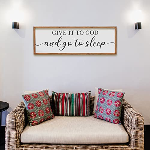 Framed Give it to God and Go to Sleep Signs 36”x12” Above Bed Wall Decors Wall Art for Bedroom Wood Signs (36X12 inch, Brown)