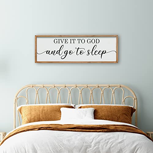 Framed Give it to God and Go to Sleep Signs 36”x12” Above Bed Wall Decors Wall Art for Bedroom Wood Signs (36X12 inch, Brown)