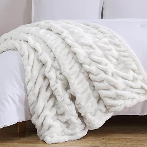 Casual Chic Lapin Ultra Fine Faux Fur Throw Blanket - Luxurious, Chic, Soft and Cozy 400 GSM Microfiber Blanket for Couch and Bed - 50” x 60” (Ivory)