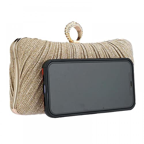 Clutch Purse for Women Pleated Glitter Evening Clutch Purses with Rhinestone Evening Bag for Bridal Wedding Party (Gold)