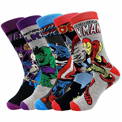 ALAHEIJQ Marvel Funny Crew Socks 5 Pack, Cartoon Crazy Superhero Character Socks for Men,US Size 9-11