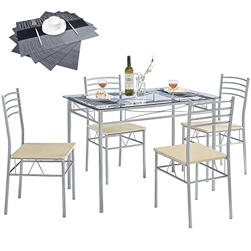 VECELO Kitchen Dining Room Table and Chairs 4, 5-Piece Dinette Sets, Space Saving (Silver), Silvery