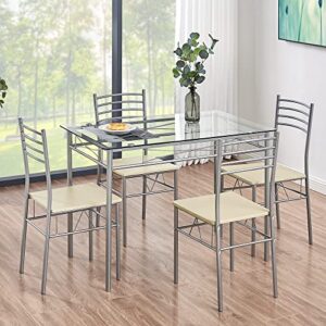 VECELO Kitchen Dining Room Table and Chairs 4, 5-Piece Dinette Sets, Space Saving (Silver), Silvery