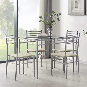 VECELO Kitchen Dining Room Table and Chairs 4, 5-Piece Dinette Sets, Space Saving (Silver), Silvery