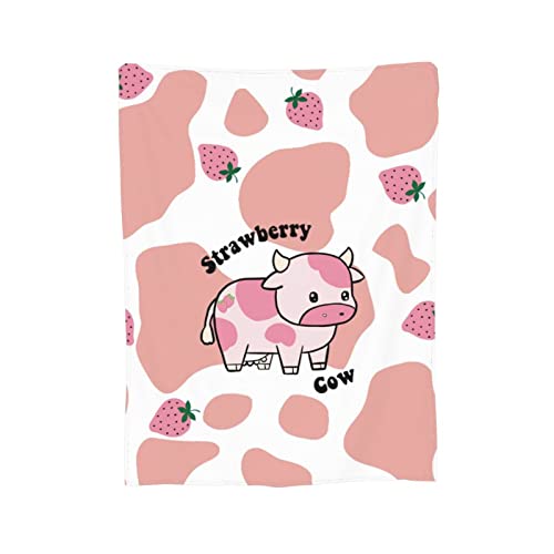 Strawberry Cow Print Blanket Colorful Ultra-Soft Fuzzy Lightweight Flannel Pink Throw Blanket for Couch Bed Sofa All Season Warm Cozy Camping Picnic Suit for Kids Adults 50''x40''