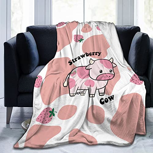 Strawberry Cow Print Blanket Colorful Ultra-Soft Fuzzy Lightweight Flannel Pink Throw Blanket for Couch Bed Sofa All Season Warm Cozy Camping Picnic Suit for Kids Adults 50''x40''