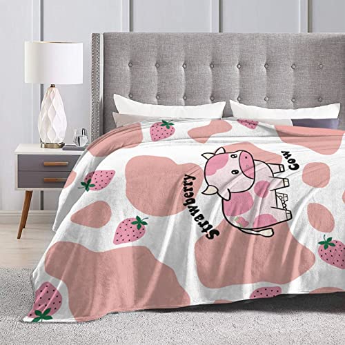 Strawberry Cow Print Blanket Colorful Ultra-Soft Fuzzy Lightweight Flannel Pink Throw Blanket for Couch Bed Sofa All Season Warm Cozy Camping Picnic Suit for Kids Adults 50''x40''