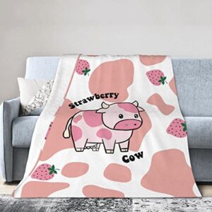 Strawberry Cow Print Blanket Colorful Ultra-Soft Fuzzy Lightweight Flannel Pink Throw Blanket for Couch Bed Sofa All Season Warm Cozy Camping Picnic Suit for Kids Adults 50''x40''