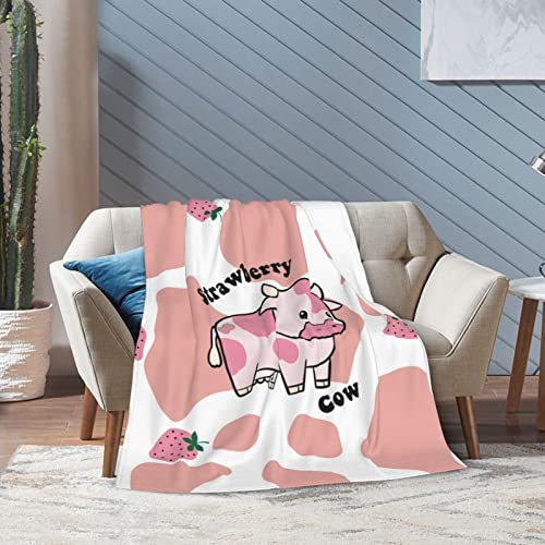 Strawberry Cow Print Blanket Colorful Ultra-Soft Fuzzy Lightweight Flannel Pink Throw Blanket for Couch Bed Sofa All Season Warm Cozy Camping Picnic Suit for Kids Adults 50''x40''