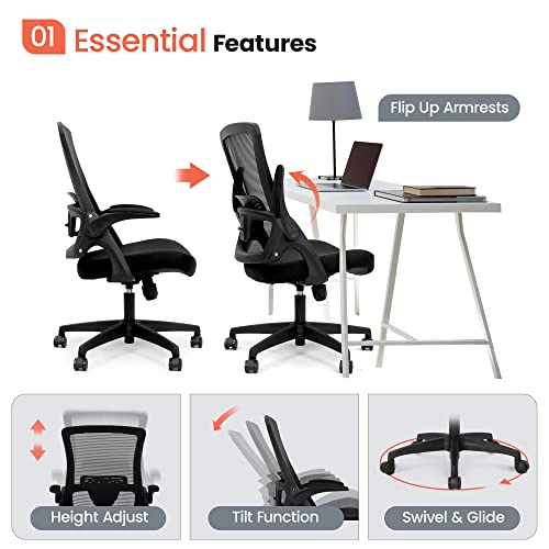 neo chair High Back Mesh Chair Adjustable Height and Ergonomic Design Home Office Computer Desk Chair Executive Lumbar Support Padded Flip-up Armrest Swivel Chair (Black)