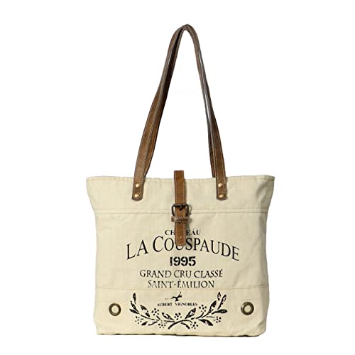 NATURALS EXPORT La Couspaude Upcycled Canvas Bag White Tote Bag Leather Tote Canvas Bag