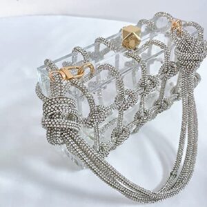 Grindfy Crystal-Embellished Rope Acrylic Clutch Rhinestones Evening Shoulder Bag Crystal women Clear Party Wedding Knot Bag (Sliver)