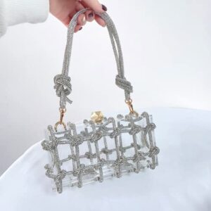 Grindfy Crystal-Embellished Rope Acrylic Clutch Rhinestones Evening Shoulder Bag Crystal women Clear Party Wedding Knot Bag (Sliver)