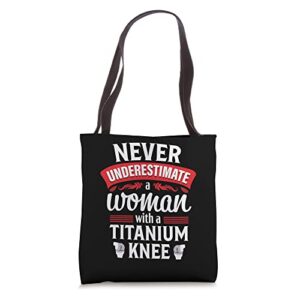 knee replacement funny woman surgery recovery tote bag
