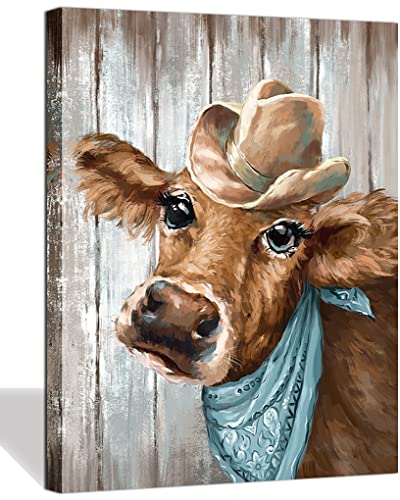 RUIFENGL Country Cow Picture Wall Decor Cute Cool Funny Brown Farm Cattle Interesting Animal Canvas Prints Wall Art Rustic Farmhouse Bathroom Kitchen Bedroom Printed Artwork Size 12"x16"